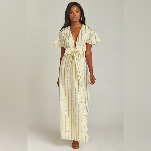 Show me your Mumu Fiona Maxi Dress ~ South Beach Stripe Gold - Picture 1 of 7